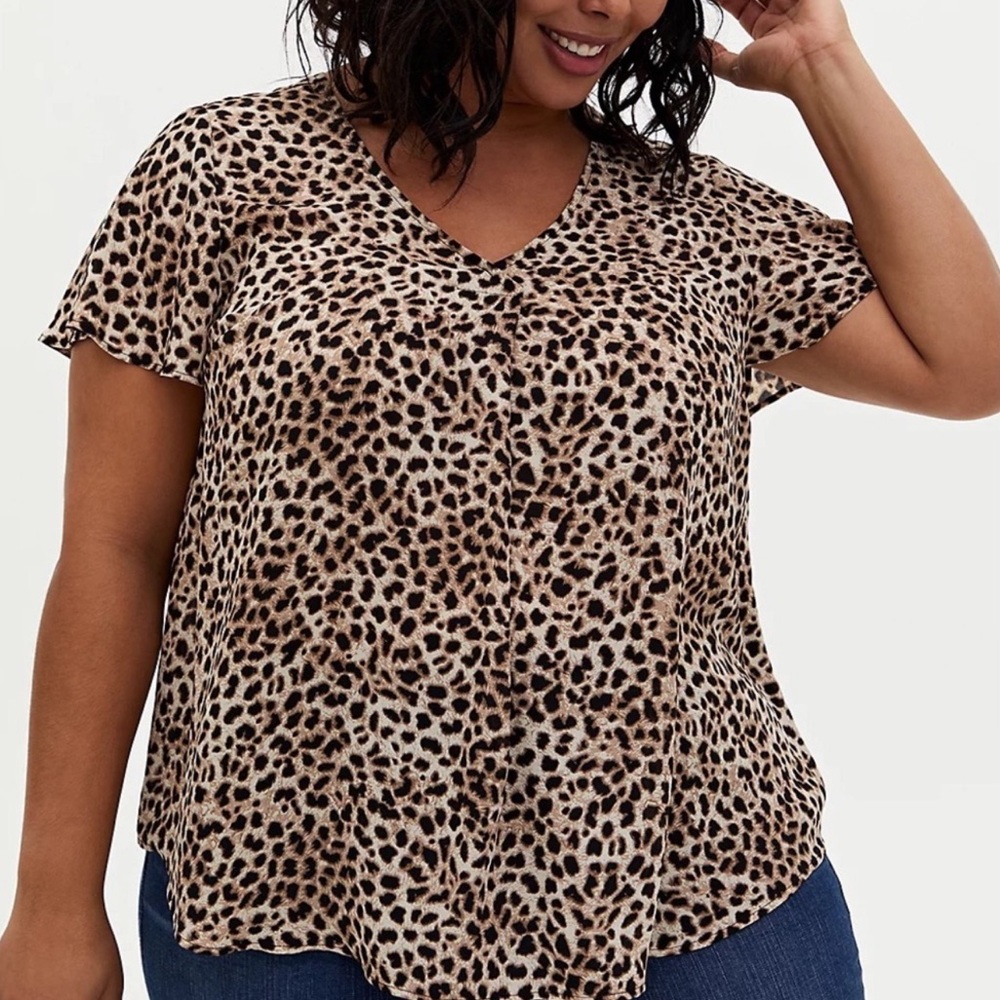 Torrid 1 Black Brown Leopard Print Georgette Short Sleeve Blouse